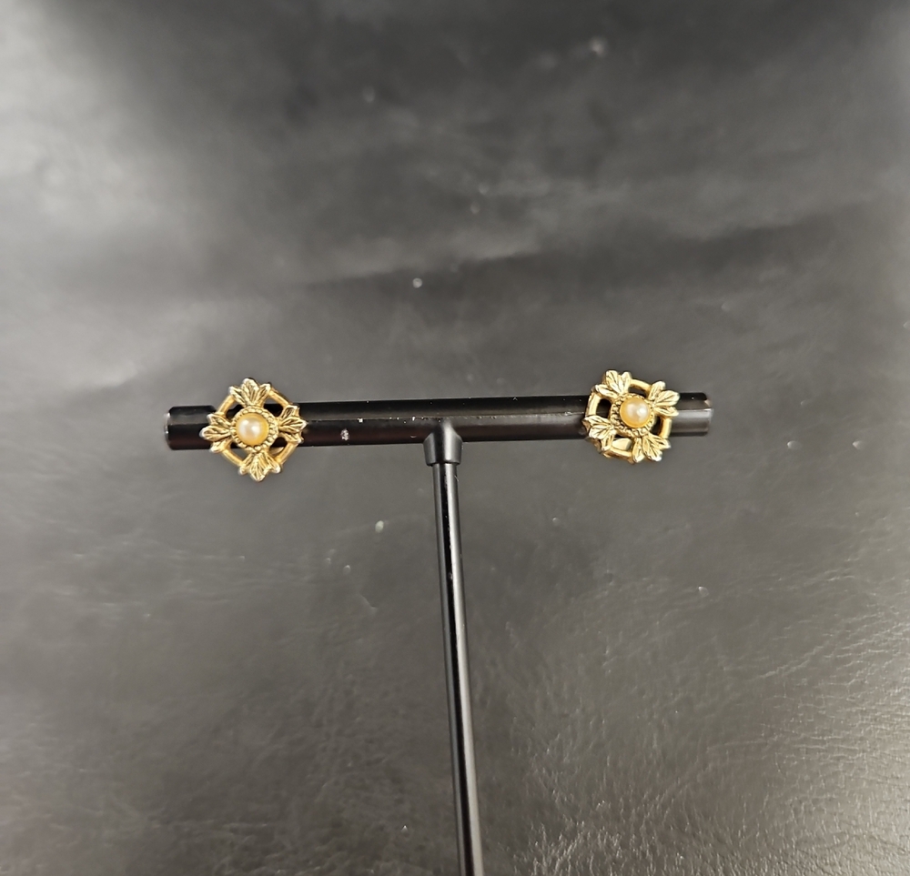 Gold Floral Pearl Center Stud Earrings